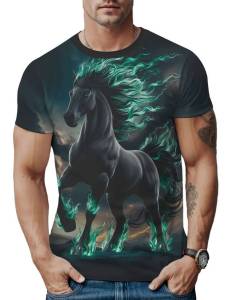 Men 3dT T-shirt with Mustang pattern print short sleeves   Summer cool and breathable round neck top