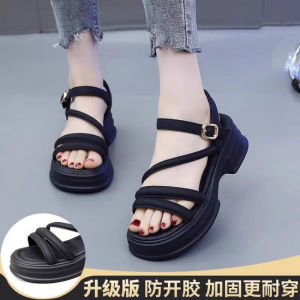 2026 Summer Fashion Soft Sole Medium Thick Heel Roman Sandals For Women Versatile Soft Leather Beach Thick Sole Sandals