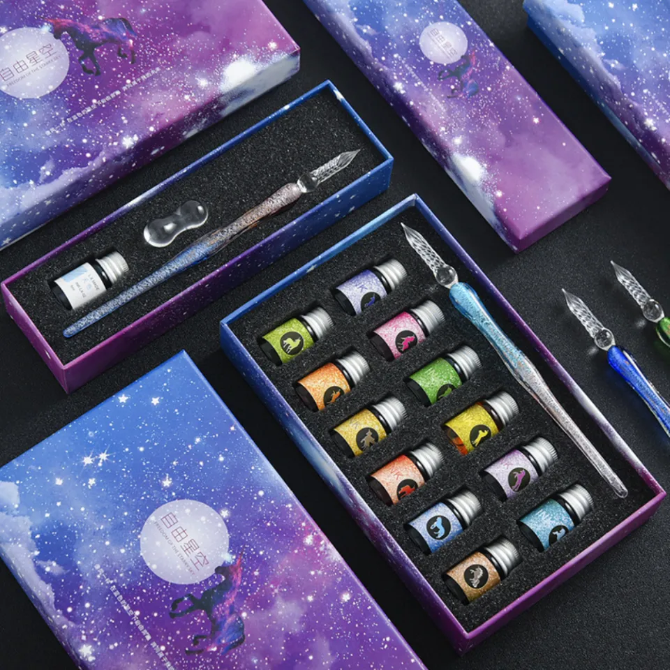 ASXMA Calligraphy Dip Pen Set - 12 Colorful Inks, 2 Glass...