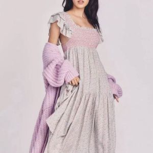 P007-029 PIMNADACLOSET - Cap Sleeve Square Neck Smocked Floral Print Sweet Dress