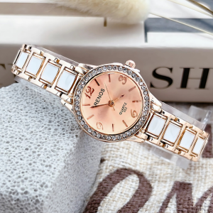 RENOS นาฬิกาข้อมือแฟชั่นสายเลส หน้าปัดทรงกลมประดับเพรช ขนาด28มม. ตั้งเวลาให้ แถมถ่านให้ พร้อมส่ง