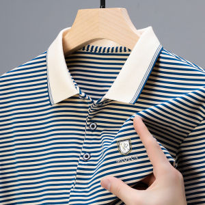Ielgy cotton áo Polo Kẻ Sọc Nam Áo phông mùa hè mùa hè thêu đơn giản Top