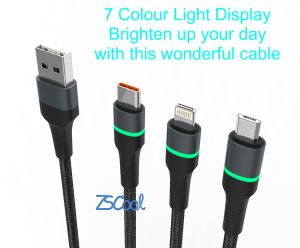 Foneng X79 Dazzling LED Luminous Braided Data Cable 66W Fast Charging 3A Quick Charge Type C Micro USB Lighting 1M 100CM Seven Colour Light Safe Speedy Pure Copper Rainbow VOOC QC 3.0 Transmission Oppo Xiaomi Vivo Samsung Huawei