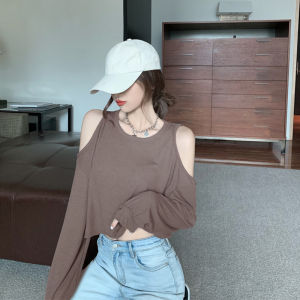 LHSunshine พร้อมจัดส่ง เสื้อผ้าแฟชั่นเอวลอย เสื้อครอปผู้หญิง🥃 เสื้อครอปยืด แขนยาว ทรงหลวมผ่าไหล่ สีพื้นผ้านิ่มแฟชั่นฤดูหนาวที่สาว ๆ ต้องรีบมาตำ🐈