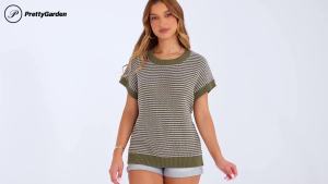PRETTYGARDEN  Womens Short Sleeve Sweater Spring Summer  2025  Round Neck Striped Pullover Cap Sleeve Knitted Sweater Vest Top