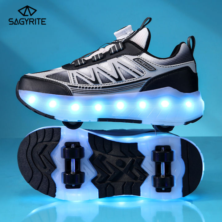 SAGYRITE Skateboard Shoes for Kids Adults Four Wheeled LED Roller Skating  Shoes Automatic Rotating Buckle Sport Shoes Size 29-40