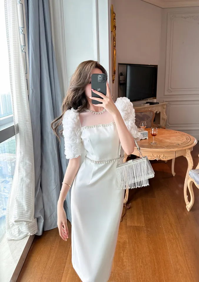 ZYHT Womens French White Black Satin Diamond Pearl One Step Midi