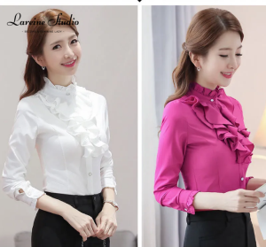 LAREINE Áo cho phụ nữ ôm vừa cổ áo nhún bèo Áo thun tay dài phong cách Hàn Quốc trang phục công sở cho phụ nữ