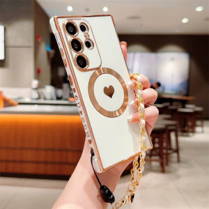 Cartoon Love Heart Wrist Chain Case for Samsung Galaxy S25 S24 Ultra S22 Plus S23 S21 S20 FE Magnetic Bracelet Plating Cover