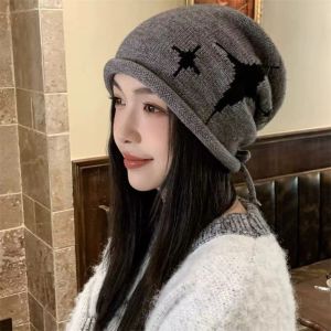 OKONOK Dày hơn Mũ len đan Mẫu sao Chống gió Mũ bảo vệ tai Thường ngày Chống lạnh Mũ len có dây rút Phụ nữ