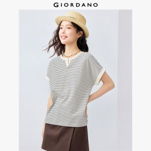 GIORDANO ผู้หญิง เสื้อยืด 100% Cotton V-Cut Crewneck Smooth Soft Tee Short Sleeve Dolman Stripe Fashion Casual Tshirts 13325209