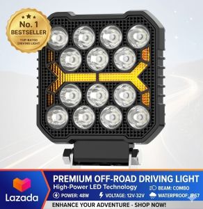 DL-037 4" Square Black Warrior 14 LED Work Light | White Beam + Yellow DRL Flash | Universal Offroad Driving Light | Pair