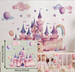 Princess Castle Wall Sticker | Fairy Tale Wall Decal for Kids Girls Bedroom | Pink Castle with Rainbow & Balloons | DIY Removable PVC Wall Art | Nursery Room Decoration | Cute Cartoon Wall Mural | Baby Room Playroom Living Room Home Decor | Waterproof