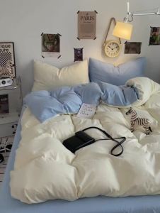 ins Mother and Baby Washable Solid Color Double-Piece Soft Ultra-Skin-Friendly Bedding Set Thickened for Student Dormitory 3 Bedding Set with Fitted Sheet LZD