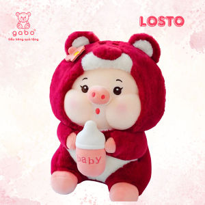 gấᴜ Bông Heo Cosplay gấᴜ Dâu Cầm Bình Sữa Heo Sữa Mặc Áo Lotso mũ cởi ra được K3T1