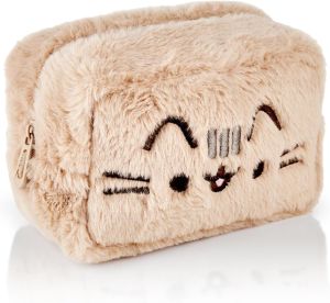 Pusheen Womens Fluffy Makeup Bag Ladies All Over Fur with Embroidered Logo in Tan Classic Logo Zip Cosmetic Storage Bag