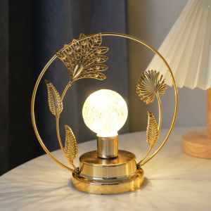 DECALE Hollow Out LED Night Light Butterfly/Leaf Shape Iron Material Decorative Light Romantic Round Ring Metal Table Lamp Bedroom