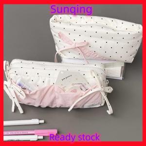 SQ Stationery [Flash Sale] Cute Polka Dot Bow Pencil Case White With Pink Accessories Large Capacity Zipper Pencil Bag Student Stationery School Supplies
