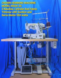 CROWN 3 Needles Cylinder Bed Hemming Industrial Sewing Machine with Fabric Trimmer & Suction + 550 WATTS Servo Motor (MODEL W664-35) (BRAND NEW)