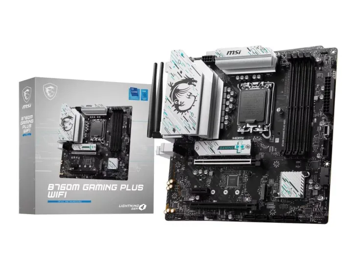 MSI B760M Gaming Plus WiFi motherboard with white dragon design, dual RAM slots, PCIe slot, and WiFi connectivity.
