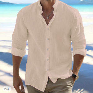 Mens Cotton Linen Long-Sleeved Shirts Summer Solid Color Stand-Up Collar Casual Beach Style Plus Size