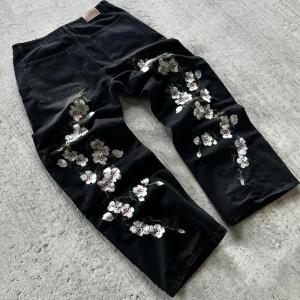 Streetwear Hip Hop Sakura Embroidered High Quality Jeans Y2K Baggy Harajuku Retro Hip Hop Goth Men and Women Wide Leg Jeans