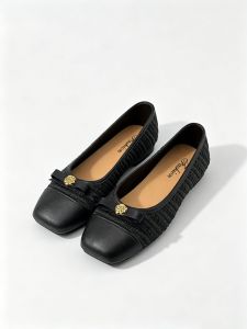 Free Shipping Early Autumn Small Elegant Bow-Knot Shallow-Toe WomenS Flats Camellia Metal Buckle Square-Toe Low-Heeled Shoes Suitable For Parties And Casual Wear