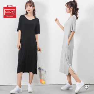 Korean Shirt Dress - Honey Fashion Short Sleevess Long Dress