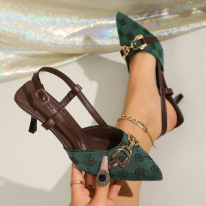 Pointed Toe Metal Chain High Heel Sandals 2026 Summer New Thin Heel Printed Closed-Toe Sandals For Women