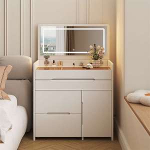 Isidoro มินิโต๊ะเครื่องแป้ง ฟังก์ชั่นหลากหลาย ไม้เนื้อแข็ง เรียบง่าย โต๊ะเครื่องแป้ง เก้าอี้กระเป๋านุ่ม กระจกสัมผัสไฟ LED