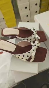 [Free Shipping] Bowknot Polka Dot Womens Summer 2026 New Wedge High Heel Square Toe Outdoor Sandals