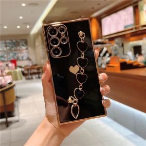 Plating Silicone Love Heart Bracelet Case For Samsung Galaxy S24 S23 S22 S21 Ultra Plus A52 A53 A54 S 24 23 22 21 5G Soft Covers