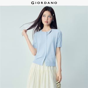 Giordano Women Pearl buttons crewneck short sleeve cardigan Free Shipping 18356005