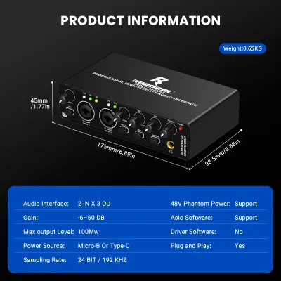 Audio Interface 24Bit/96kHz Used for Pc With XlR / 1/4 Inch Jack 2 Channel Audio Interface for Electric Guitar +48V Phantom Power Recording Podcasting and Streaming Plug and Play