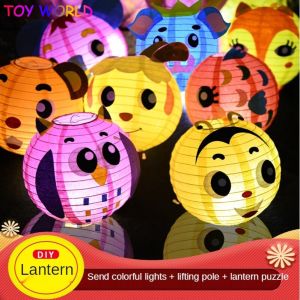 灯笼中秋节 Lantern Chinese灯笼 for Kids Mid-Autumn Festival Lantern Children DIY Handmade Material Kit Kindergarten Creative Cartoon Portable Luminous Paper Lantern