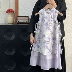 New Chinese Style Dress Girls Summer New Childrens Violet Floral Cheongsam Dress Classical Modified Vest Dress