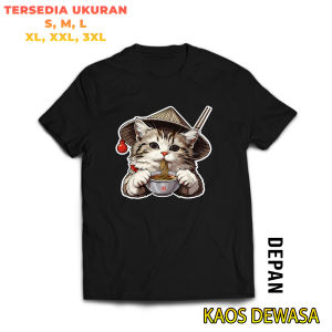 SINFASHION87 - KAOS SABLON  KUCING MAKAN MIE - KAOS WANITA DAN LAKI-LAKI MURAH - KAOS GAMBAR DTF KUCING LUCU - KAOS GEMOY