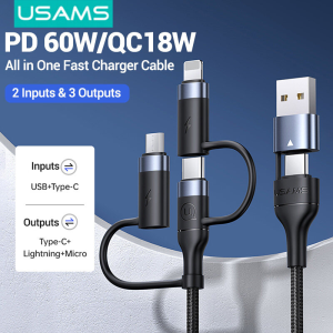 USAMS 6 in 1 Fast Charging Cable PD60W Charging Data Cable 3 in 1 USB-C to Multiport USB + Type-C to Lightning+Type-C +Micro Adapter 4 in 1 Fast Charging For Samsung/OPPO/Vivo/Huawei/iPhone/Xiaomi