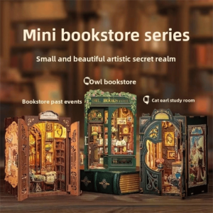 FLYING With Lighting Design Miniature Bookstore House Kits Handcraft DIY Craft Book Store Dollhouses Kits Creative Retro Wooden Puzzle Kits Home Decorations