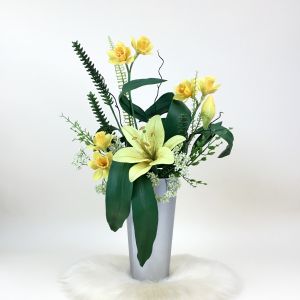 แจกันดอกไม้ประดิษฐ์ โทนสีเหลือง กระถางดอกไม้ปลอมตกแต่ง