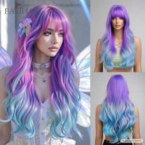 EASIHAIR Tóc giả Halloween Tóc giả tổng hợp dài gợn sóng có mái bằng Màu tím Xanh da trời Ombre Cosplay Tóc giả cho phụ nữ Bữa tiệc Tóc giả chịu nhiệt2026