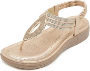 Womens Rhinestones  T  Bohemian Wedge Sandals with Straps Comfortable Slip-On Round Toe Elastic Strap Roman Flip-Flops Suitable for Summer Beach Vacation Daily Leisure