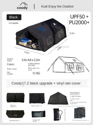 Coody FAMILIA AIR 17.2 Premium Cabin Inflatable Tent 6-8 Persons Extra Large 17.2m² Interior Space Waterproof Outdoor Camping Blended Cotton Black Vinyl Coated Sunscreen Rain Cover