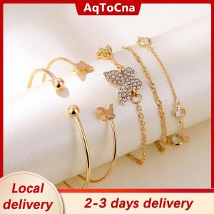 [COD] AqToCna Ship within 24 hours 5PC New Bohemian Elegance Open Bracelets Rhinestone Butterfly Bracelet Girl Gift