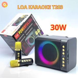 Loa Karaoke 30W T203 - 2 Micro Không Dây Pin Bền Bỉ Âm Thanh Sắc Nét Hiệu Ứng Đèn Sôi Động