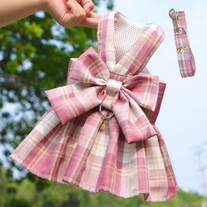 GORGE Adjustable Dog Dress Set with Traction Rope Mesh Breathable Bow Plaid Harnesses Fashion Comfortable Pet Clothes for Small Girl Dogs