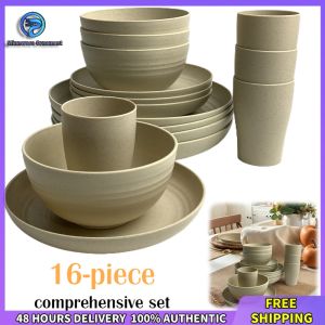 Winnereco Lightweight and Durable Wheat Straw Cutlery Set 16 Pieces Unbreakable Dinnerware for Family and Outdoor Gatherings