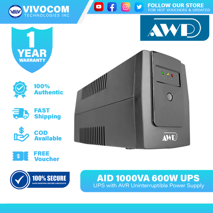 AWP AID1000 Aide 600W-1000VA UPS With AVR Uninterruptible Power Supply ...