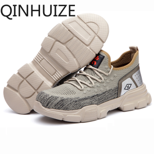 QINHUIZE safety shoes mens smash-proof and puncture-proof flying woven breathable wear-resistant rubber work safety boots