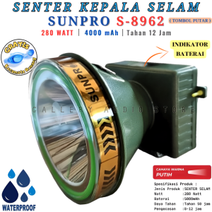Senter Kepala Selam SUNPRO S-8962 280W | Senter Kepala Diving Super Terang Sunpro S-8962 Super Bright Cahaya Putih Baterai 4000mAh Tahan Hingga 12 Jam [ Bonus Kacamata Renang ] | Cod
